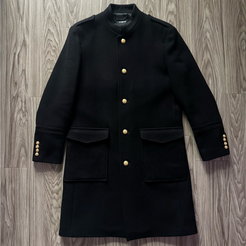 THE KOOPLES Gold Button Military Coat in Black Wool